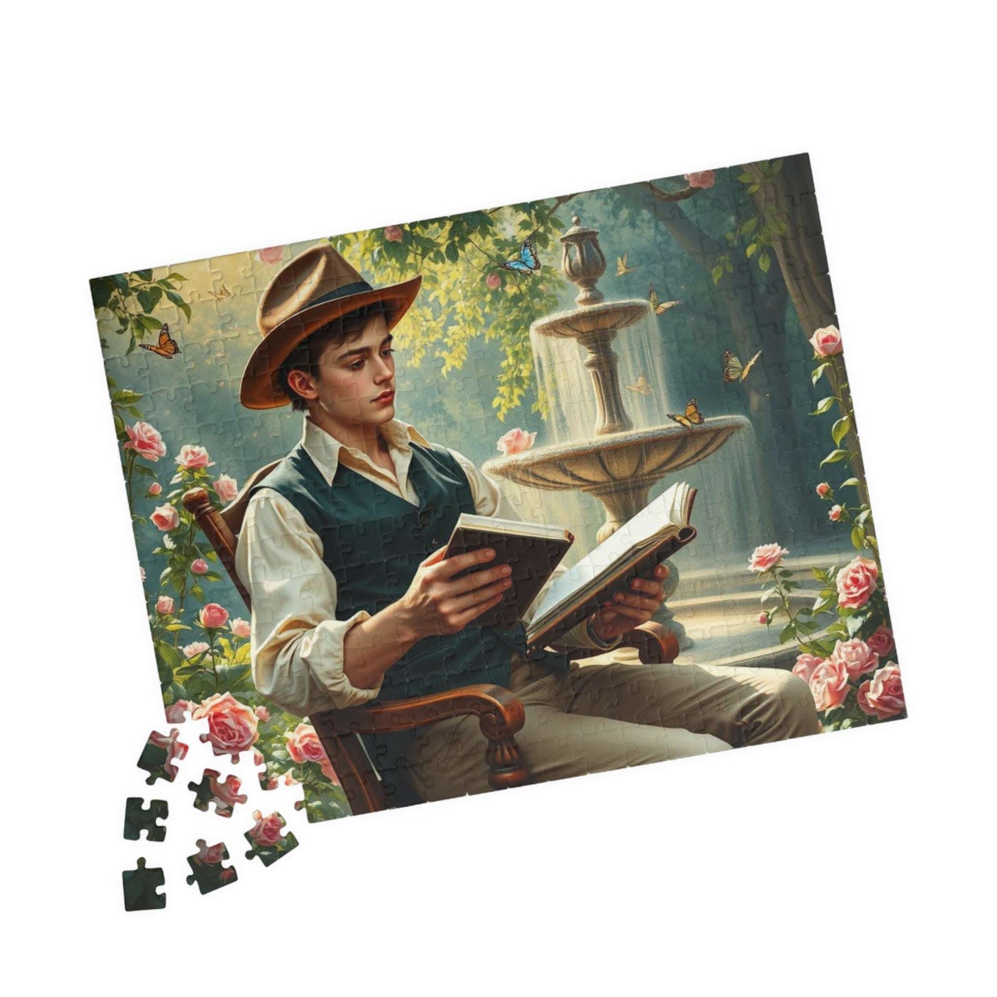Victorian Garden Sketch Jigsaw Puzzle - 19th-Century Young Male Artist in a Blooming Rose Garden 252 pcs (Horizontal) Puzzle The Puzzle Chest