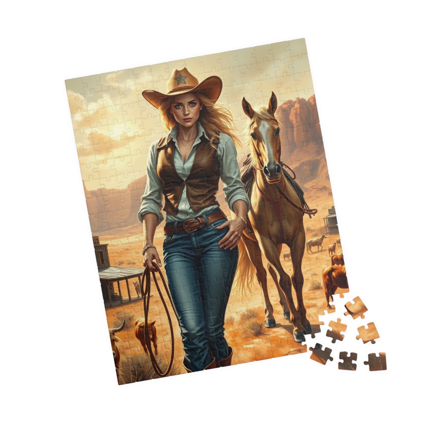 Blonde Cowgirl Puzzle, Palomino Horse Saloon and Grazing Cattle in the Desert, Western Frontier Landscape Jigsaw Game, Puzzle Lover Gift Puzzle The Puzzle Chest