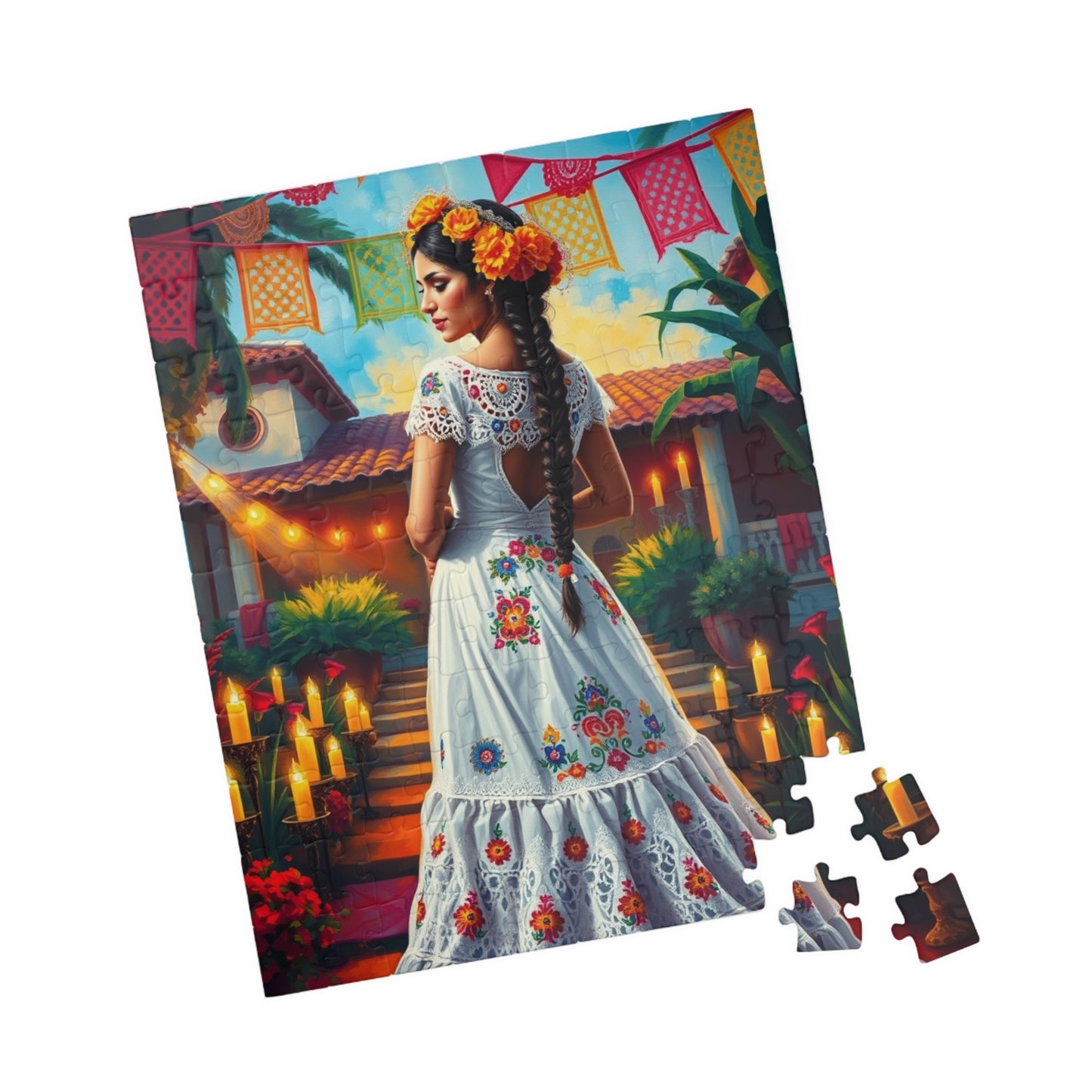 Mexican Bride Jigsaw Puzzle (110-1014 Piece), Lace Gown, Otomi Flowers, Hacienda Candles, Wedding Dress Design, Cultural Artwork Folklore Puzzle The Puzzle Chest