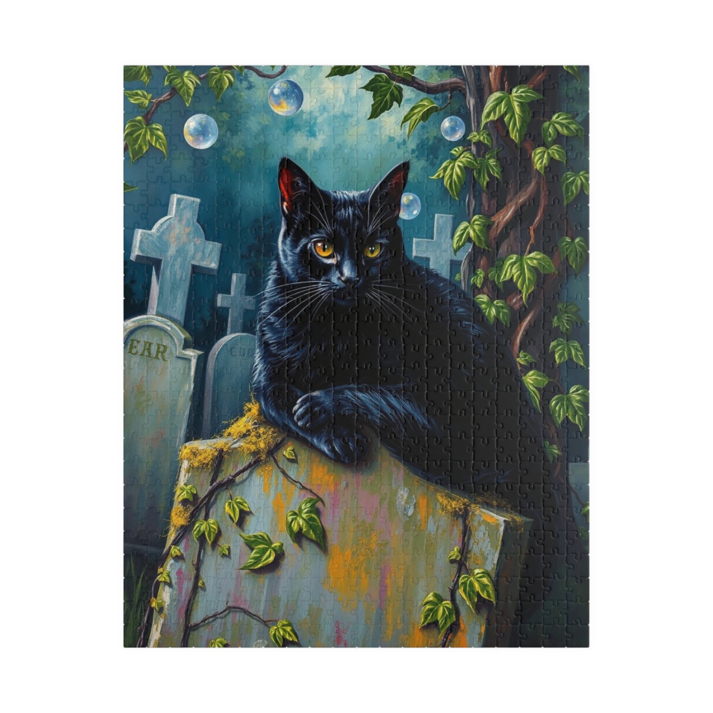 Gothic Puzzle, Black Cat Rests on Moss-Covered Tombstone, Eerie Atmosphere, Halloween Jigsaw Game, Spooky Home Decor, Creepy Cat Lover Gift 520 pcs (Vertical) Puzzle The Puzzle Chest