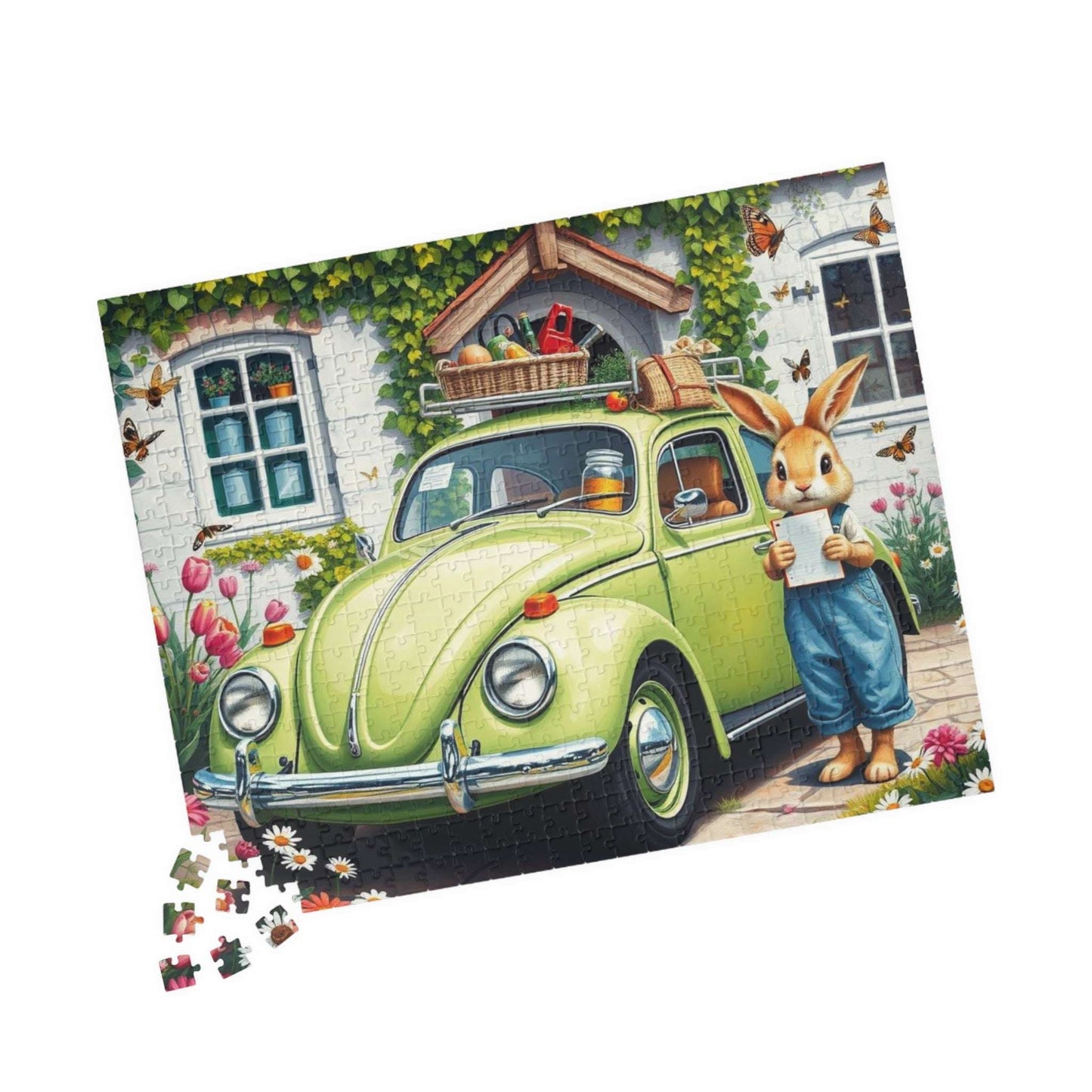 Springtime Garden Delivery Vintage Car Puzzle, Classic Retro Auto Jigsaw Game with Easter Rabbit Puzzle The Puzzle Chest
