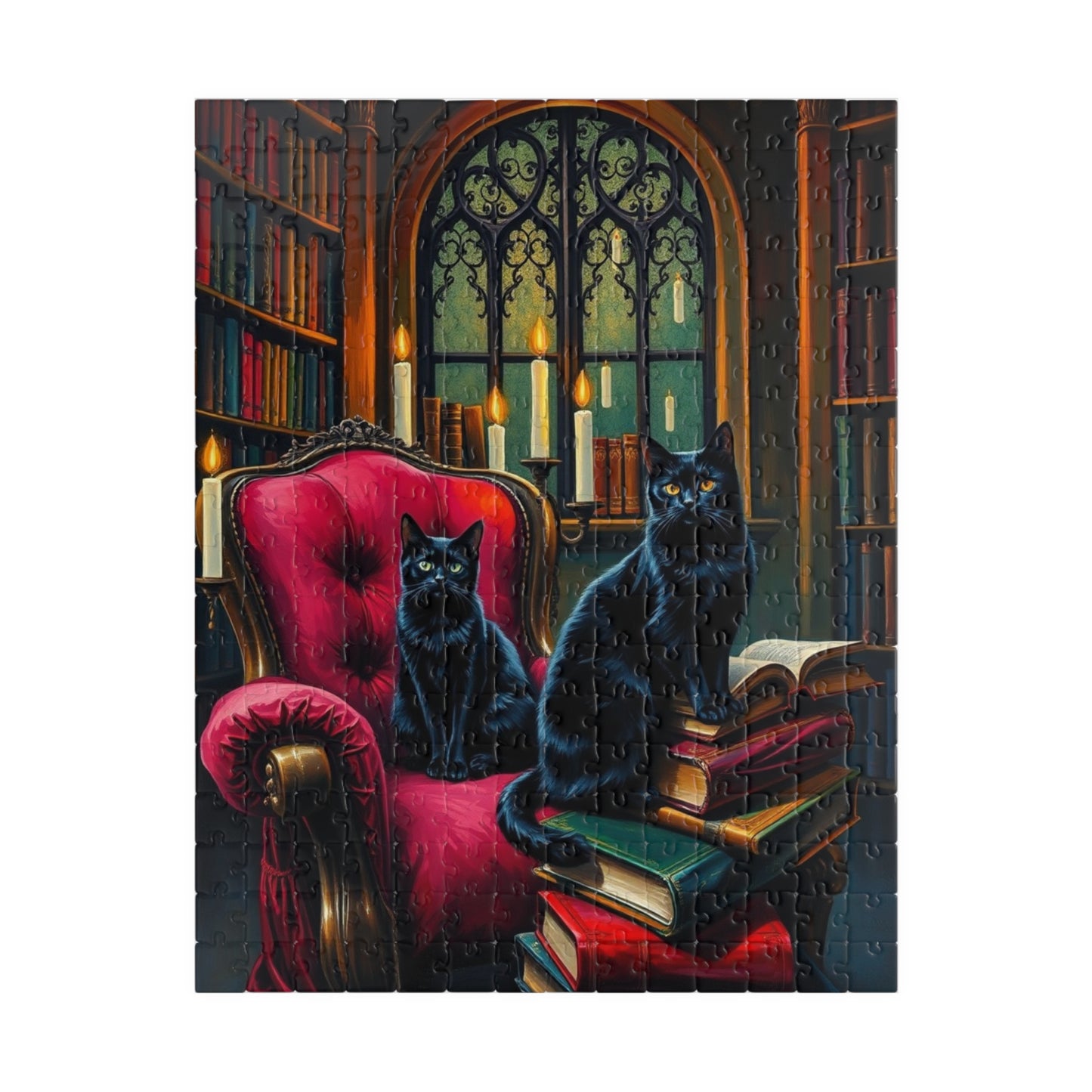 Black Cat Bookshelf Gothic Puzzle, Cozy Kittens in Library Study Room, Family Activity or Solo Fun, Pet Themed Puzzle, Animal Lover Gift 252 pcs (Vertical) Puzzle The Puzzle Chest