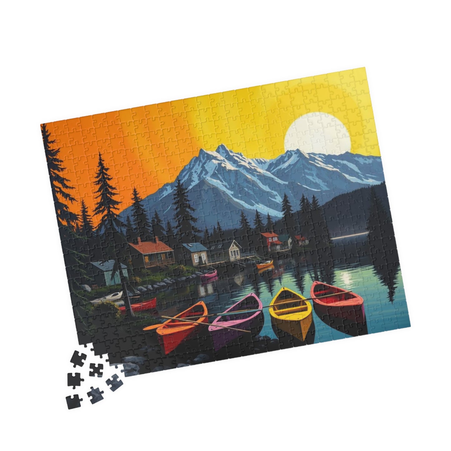 Banff Lakeside Village Puzzle for Adults, Nature Kayaks Trees Cabins and Mountains Jigsaw Game Puzzle The Puzzle Chest
