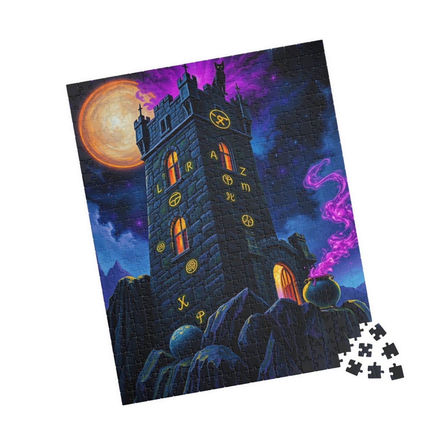 Ethereal Gothic Tower Puzzle, Electric Runes Black Cat Mystical Cauldron and Purple Mist, Magical Symbol Jigsaw Game, Fantasy Art Lover Gift Puzzle The Puzzle Chest