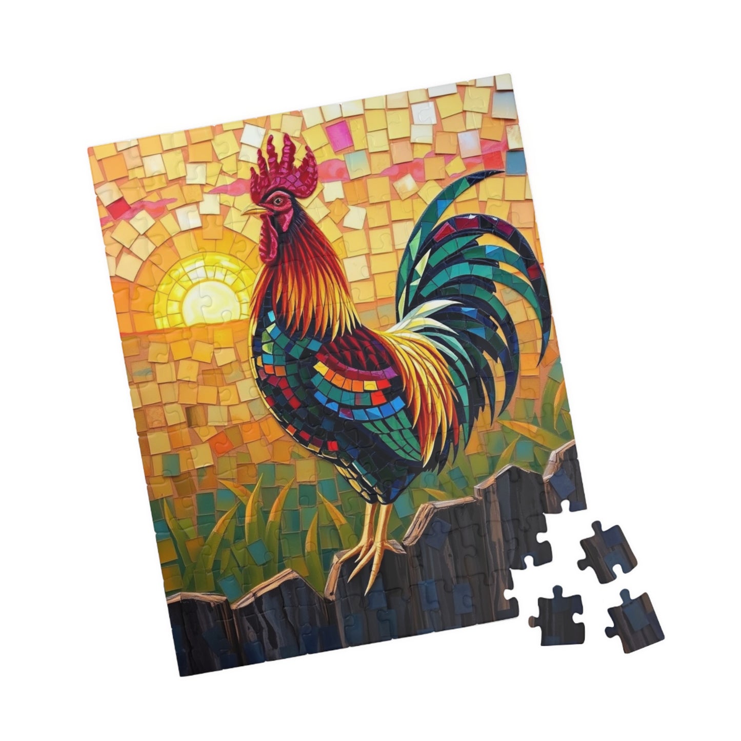 Mosaic Rooster Jigsaw Puzzle, Vibrant Farm Animal Tabletop Game with Sunrise Scene for Adults, Family Game Night, Puzzle Lover Mindful Gift Puzzle The Puzzle Chest