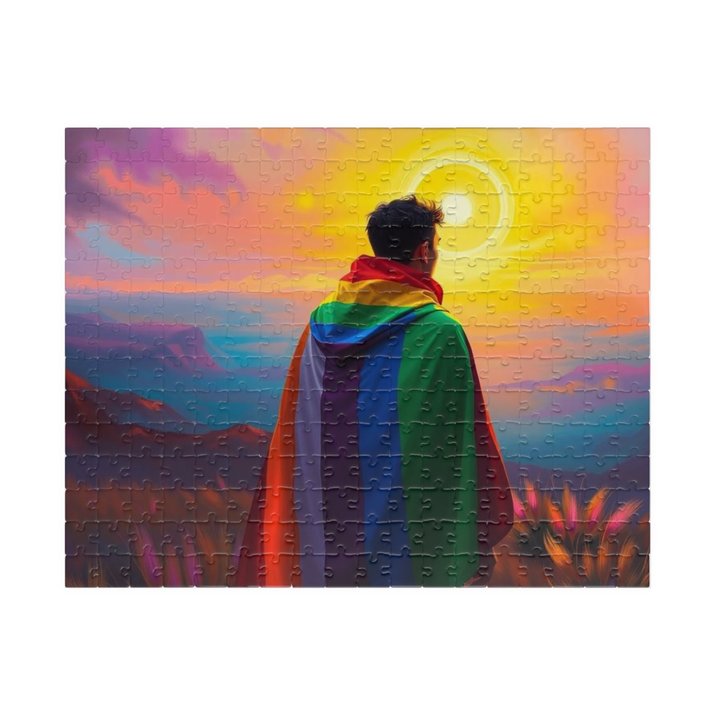 LGBTQ Pride Flag Puzzle - Queer Person in Rainbow Sunset Landscape, Fun Activity, Unique Holiday Birthday Pride Month Gift, Mindful Activity 252 pcs (Horizontal) Puzzle The Puzzle Chest
