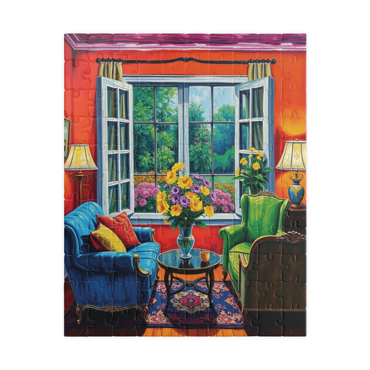 Jigsaw Puzzle, Vibrant Living Room Scene 110 252 520 1014-Piece, Red Orange Blue Green Yellow Purple Floral Wall Art Decor Game Toy, Gift 110 pcs (Vertical) Puzzle The Puzzle Chest