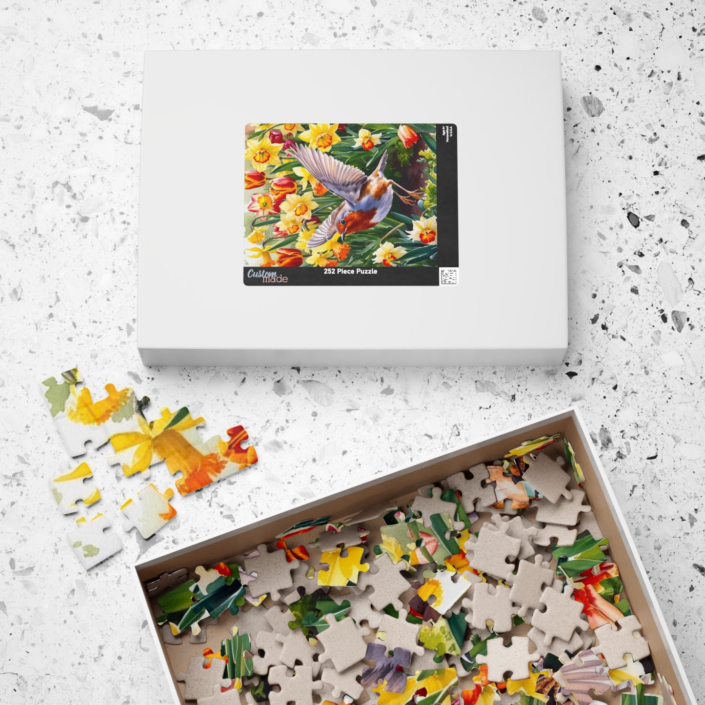Robin Bird Flying Garden Puzzle, Tulips Daffodils Spring Landscape Jigsaw, 110 252 520 1014 Piece Game, Relaxation Hobby Gift, Nature Puzzle The Puzzle Chest