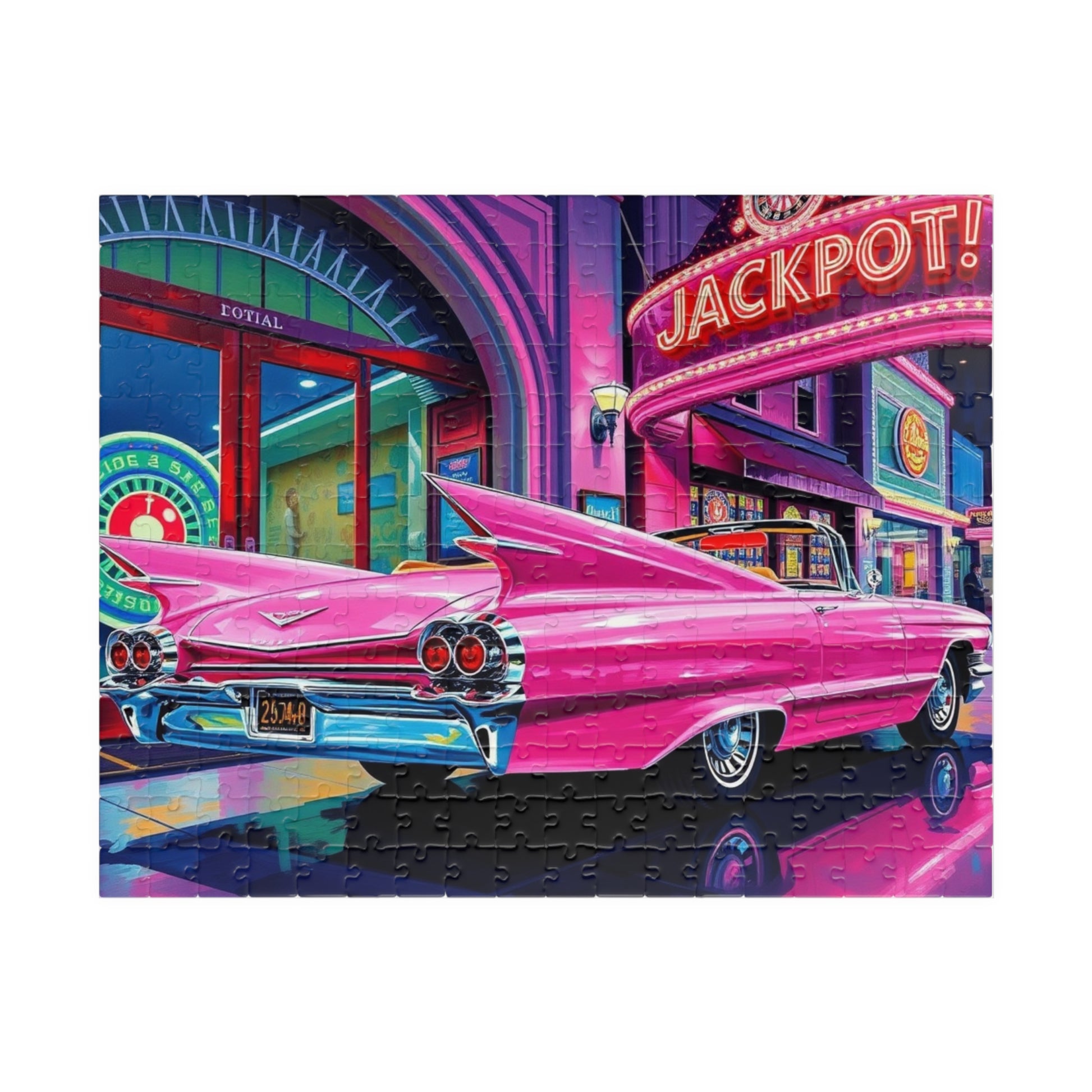 Vintage Car Puzzle - 1959 Pink Eldorado, Retro Casino and Classic Vehicle Scene 252 pcs (Horizontal) Puzzle The Puzzle Chest