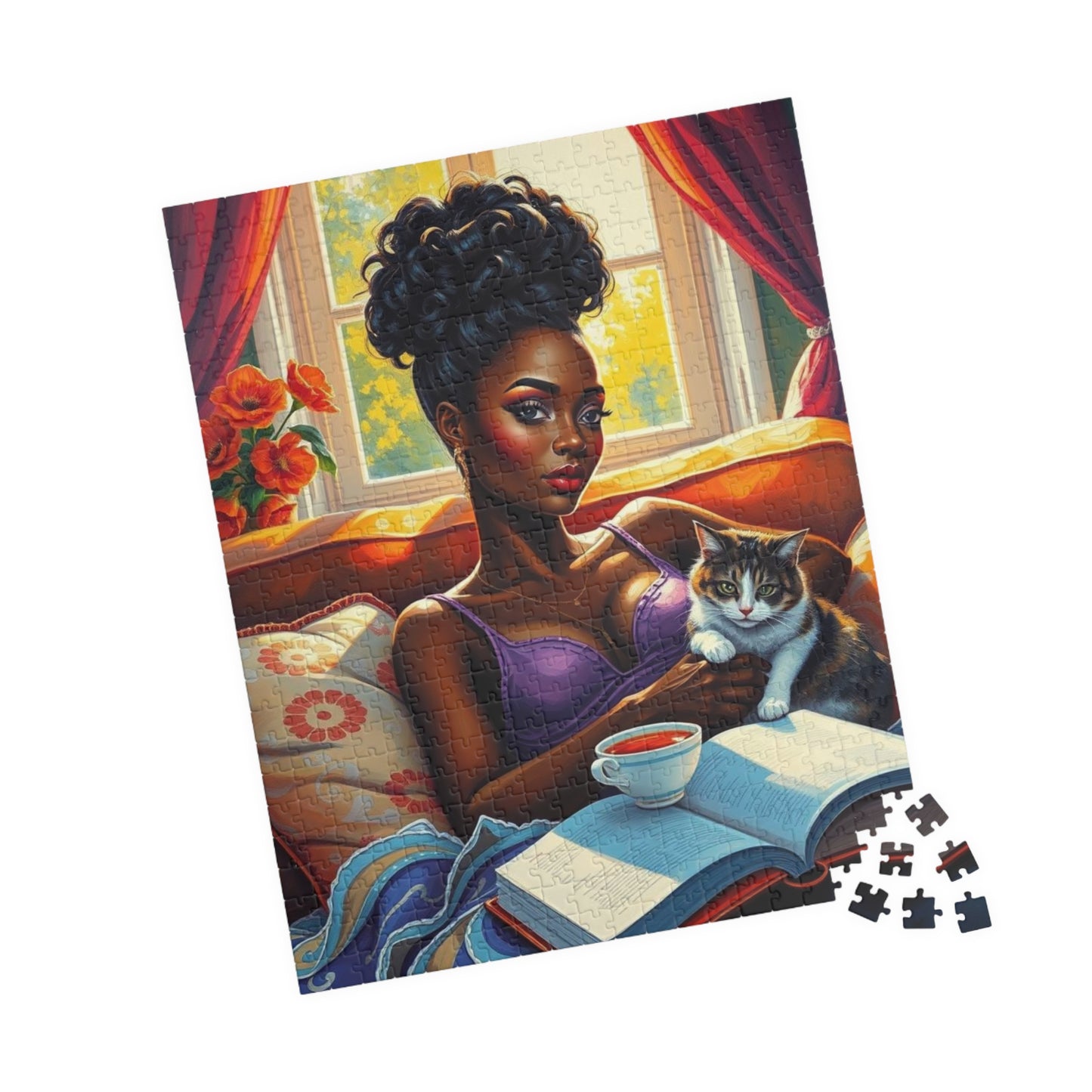 Cozy Day Jigsaw Puzzle, Black Woman and Cat, Black Woman Art, Home Entertainment, African American Gift for Cat Lovers, Mindfulness Activity Puzzle The Puzzle Chest
