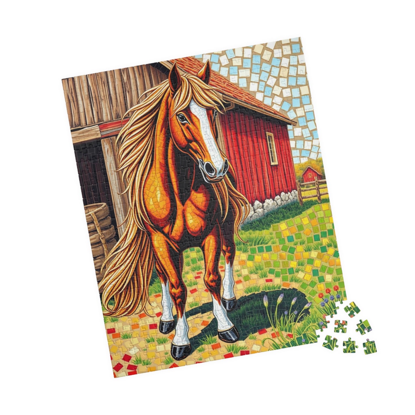Flowing Mane Horse Puzzle, Cozy Barn Farmyard Scene, Mosaic Animal Art Jigsaw Game for Equestrian Fans, Best Unique Puzzle Fanatic Gift Puzzle The Puzzle Chest