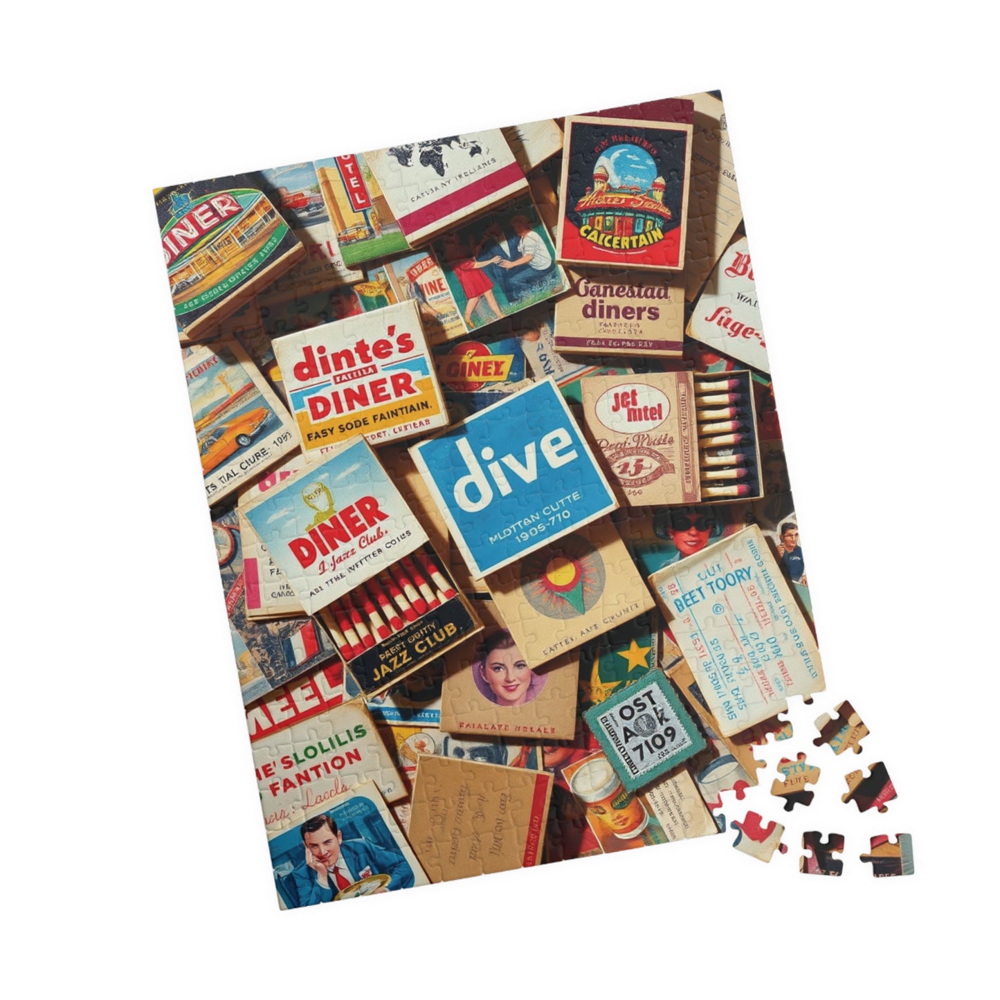 Vintage Matchbook Collage Jigsaw Puzzle, Retro Americana Memorabilia, Old Matchboxes Postcards and Receipts, Mid-Century Diner Motel Designs Puzzle The Puzzle Chest