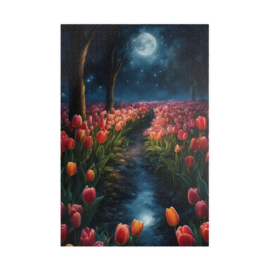 Magical Nighttime Tulip Puzzle, Peaceful Floral Scene Under the Moon, Glowing Flowers and Tranquil River Jigsaw Game, Gift for Nature Lover 1014 pcs (Vertical) Puzzle The Puzzle Chest