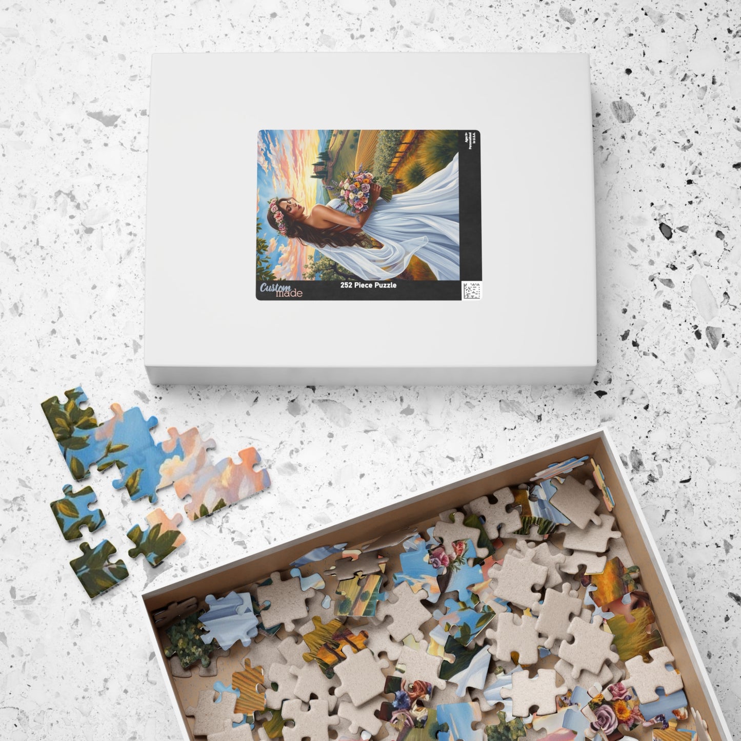 Elegant Italian Bride Jigsaw Puzzle, White Gown Floral Crown Wildflower Bouquet, Tuscan Vineyard Romantic Wedding, Puzzle Enthusiast Gift Puzzle The Puzzle Chest