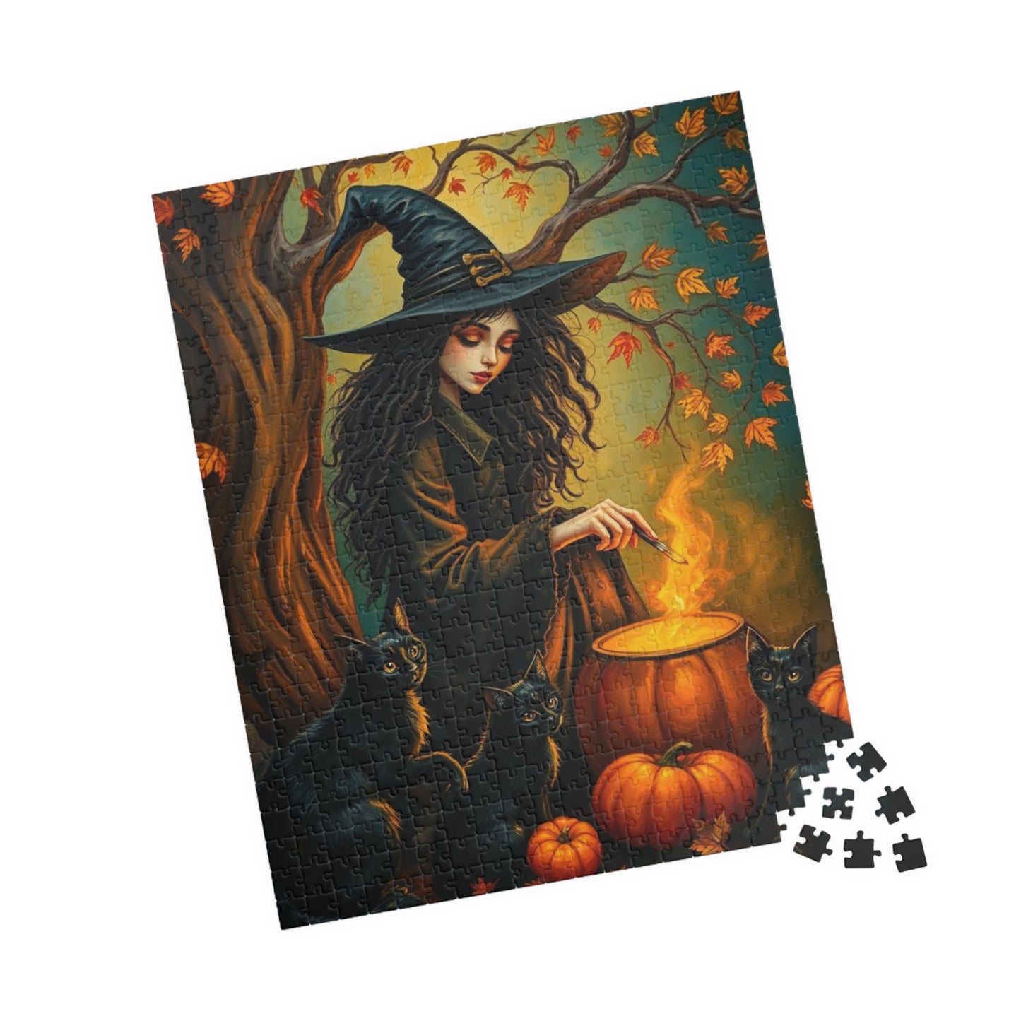 Catspell Cauldron Night Witchy Jigsaw Puzzle, Halloween Scene Perfect for Family Fun, Cozy Nights, Fall Celebrations, Gift for Puzzle Lover