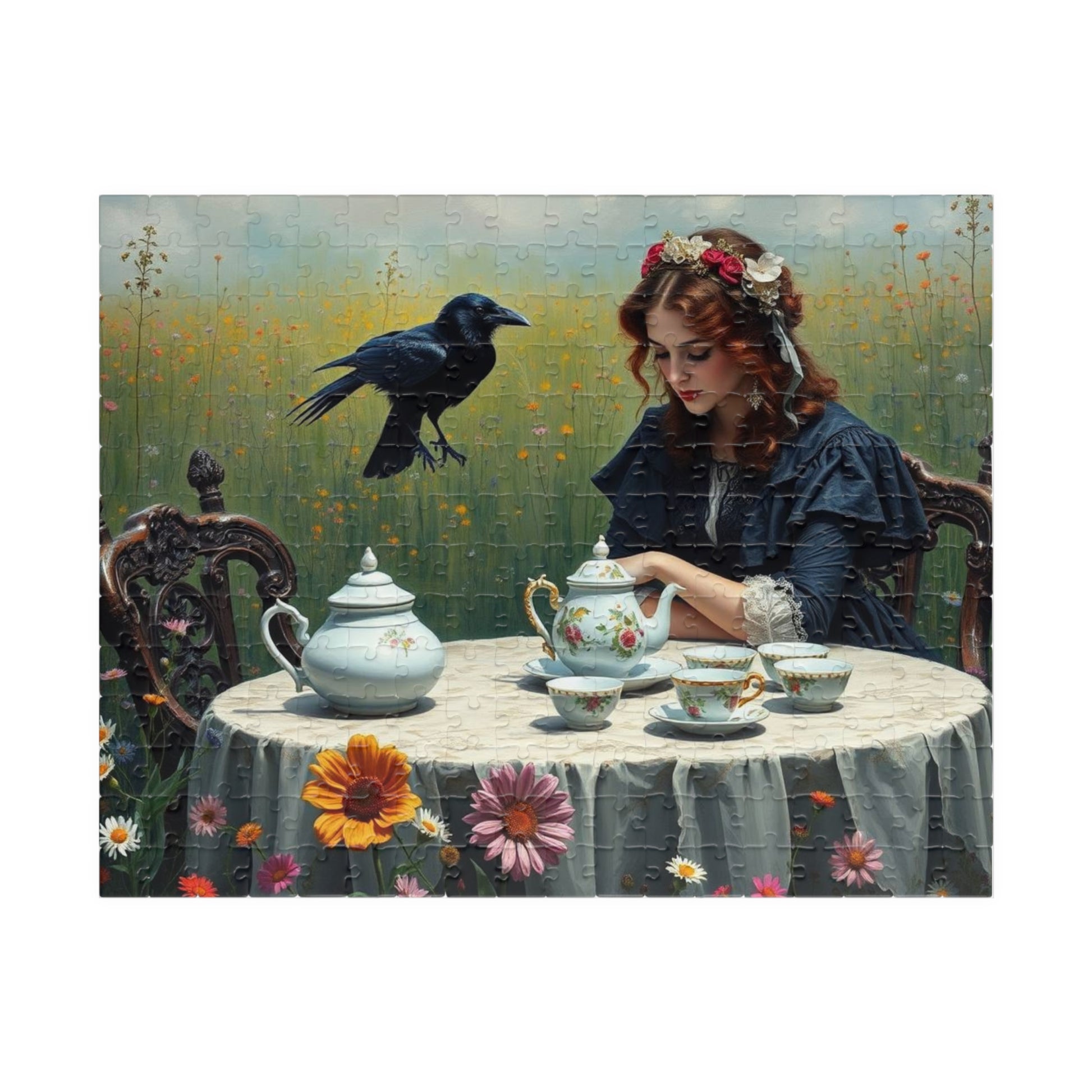 Melancholy Tea Party Jigsaw Puzzle, Victorian Woman and Raven, Gothic Art Print, Dark Fantasy Puzzle Lover Gift, Brain Teaser, Tabletop Game 252 pcs (Horizontal) Puzzle The Puzzle Chest