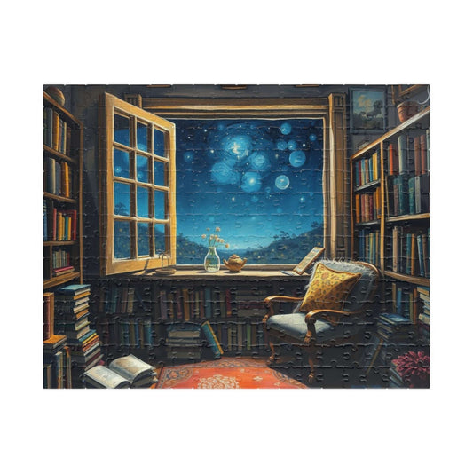 Cozy Library Jigsaw Puzzle - Starry Night Sky, Book Lover Gift, Educational Game, Mindfulness Activity, Literary Scene, Ideal for Family Fun 252 pcs (Horizontal) Puzzle The Puzzle Chest