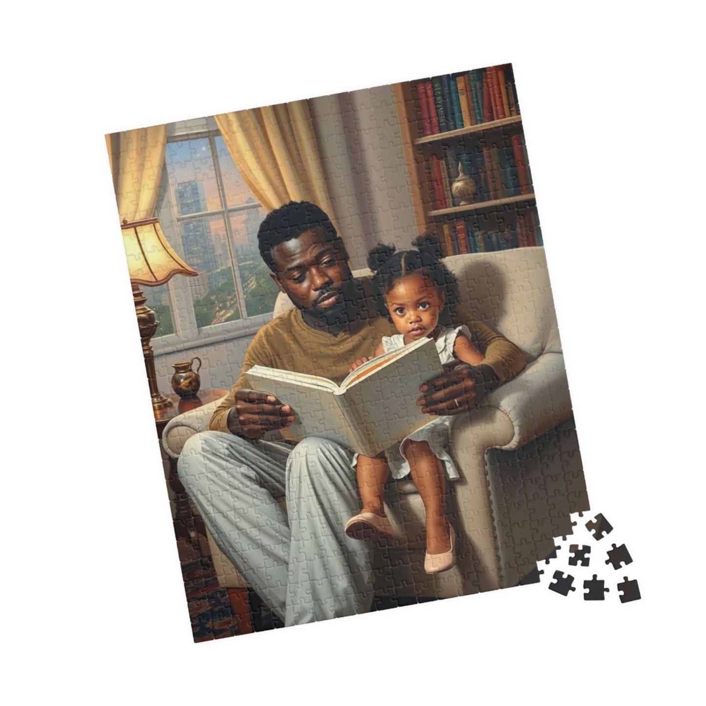 Black Family Reading Jigsaw Puzzle - African American Father and Daughter Heartwarming Scene, Afrocentric Art 520 pcs (Vertical) Puzzle The Puzzle Chest