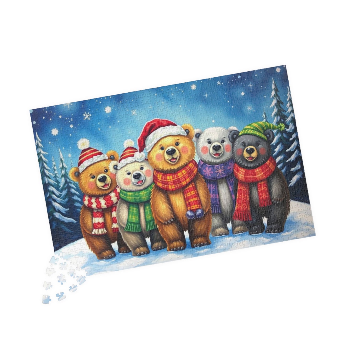 Starlit Christmas Bears Jigsaw Puzzle, Festive Bear Family Game for Holiday Fun, Birthday Gift, Cozy Nights Solo Activity, Family Game Night