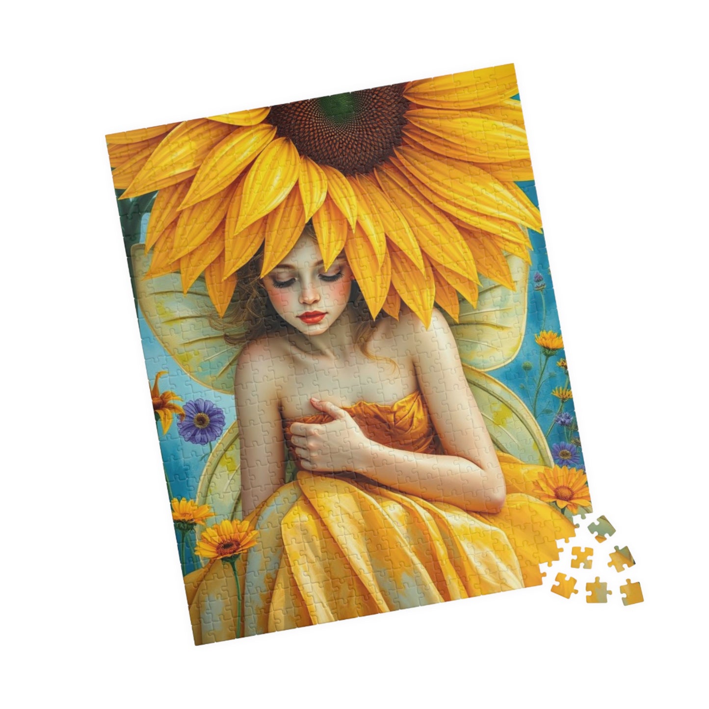 Sunflower Shade Fairy Jigsaw Puzzle, Floral Art Mythical Fantasy Game, Holiday or Birthday Gift for Friend, Decor, Mindfulness Activity