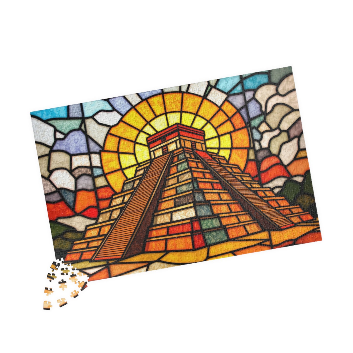 Chichen Itza Pyramid Jigsaw Puzzle, Stained Glass Inspired Historic Mayan Famous Landmark, Frameable Art Travel Enthusiast Gift Puzzle The Puzzle Chest
