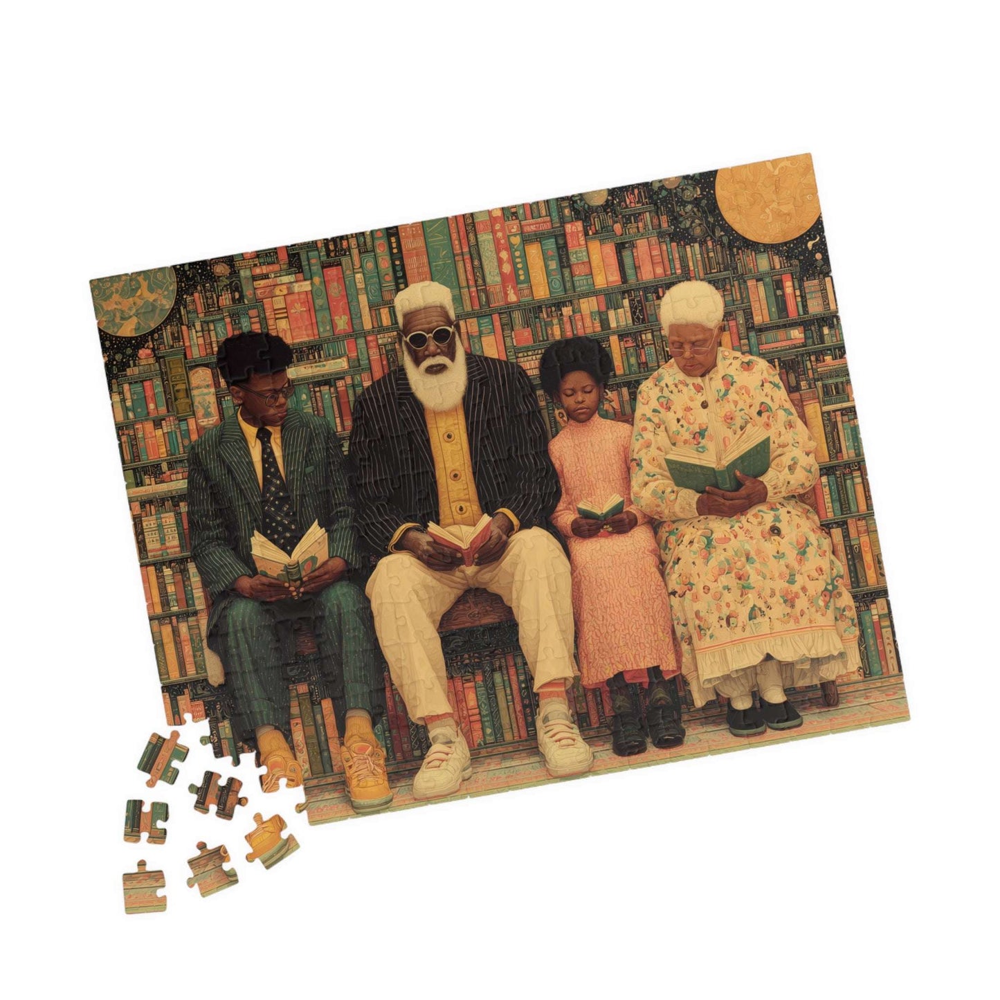 Black Art Jigsaw Puzzle - Afrocentric Community Library Scene with Family Reading Together, Thoughtful Holiday or Birthday Gift 252 pcs (Horizontal) Puzzle The Puzzle Chest