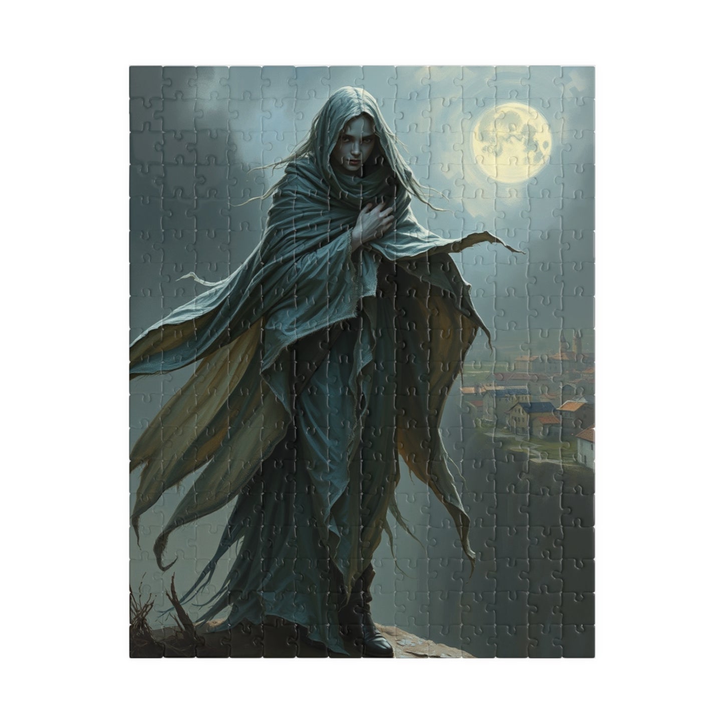 Gothic Puzzle, Banshee Design 110-1014 Piece Jigsaw, Moonlit Village Windswept Cliff Silver Gray Shroud, Unique Gift Idea, Relaxing Activity 252 pcs (Vertical) Puzzle The Puzzle Chest