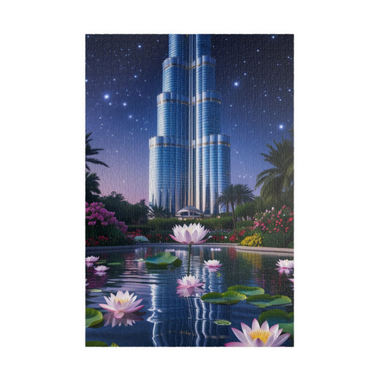 Burj Khalifa Reflections Jigsaw Puzzle, Dubai Skyline Lotus Water Lily Night Garden Landscape, Best Gift for Traveler Art Lover, Hobbyist 1014 pcs (Vertical) Puzzle The Puzzle Chest