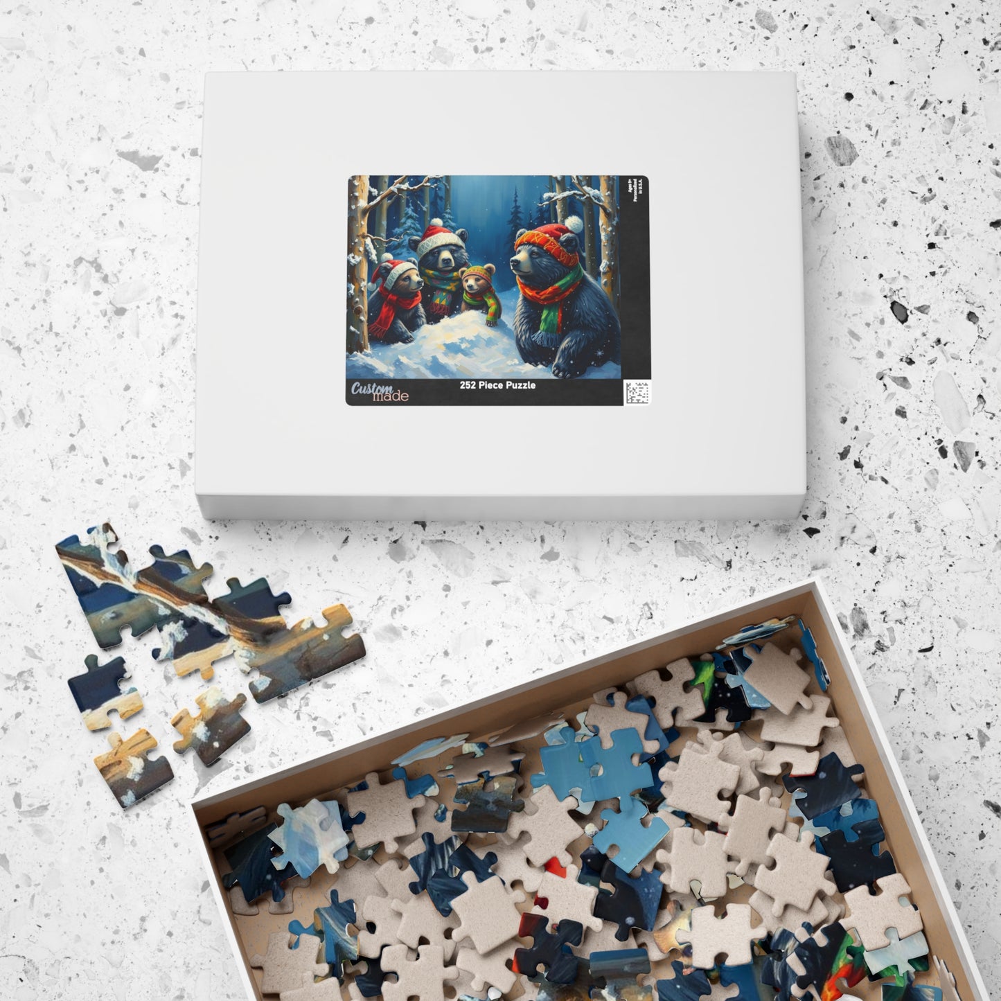 Christmas Bear Family Jigsaw Puzzle - 110, 252, 520, 1014 Pieces, Gift for Winter Nights, Family Games, Holiday Traditions, Home Decor