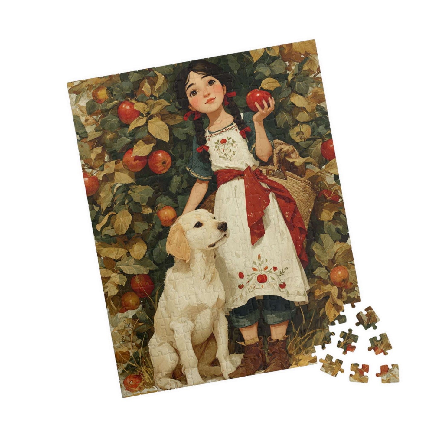 Autumn Orchard Jigsaw Puzzle - Brunette Girl and Dog, Apple Picking Game for Family Night or Solo Fun, Gift, Brain Teaser 252 pcs (Vertical) Puzzle The Puzzle Chest