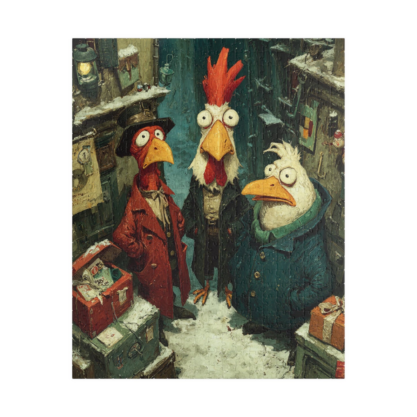 Quirky Gothic Roosters Jigsaw Puzzle - Victorian Chickens, Town Square and Snowy Whimsy Puzzle The Puzzle Chest