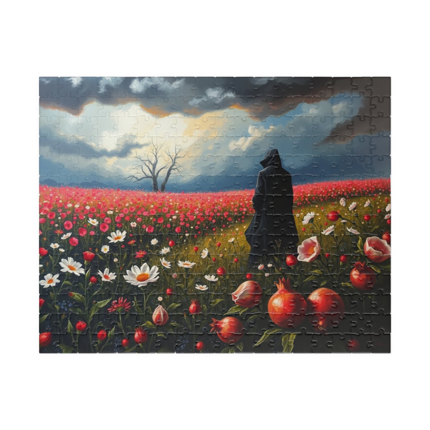 Gothic Jigsaw Puzzle, Lone Dark Figure in Blooming Flower Field, Challenging Puzzle for Adult, Artistic Activity Mindfulness Gift for Friend 252 pcs (Horizontal) The Puzzle Chest