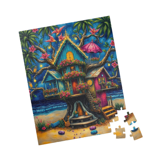 Seaside Hideaway Treehouse Puzzle, 110, 252, 520, 1014-piece Fun Summer Coastal Jigsaw Beach Scene for Family Activity, Puzzle Lover Gift Home Decor 110 pcs (Vertical) Puzzle The Puzzle Chest
