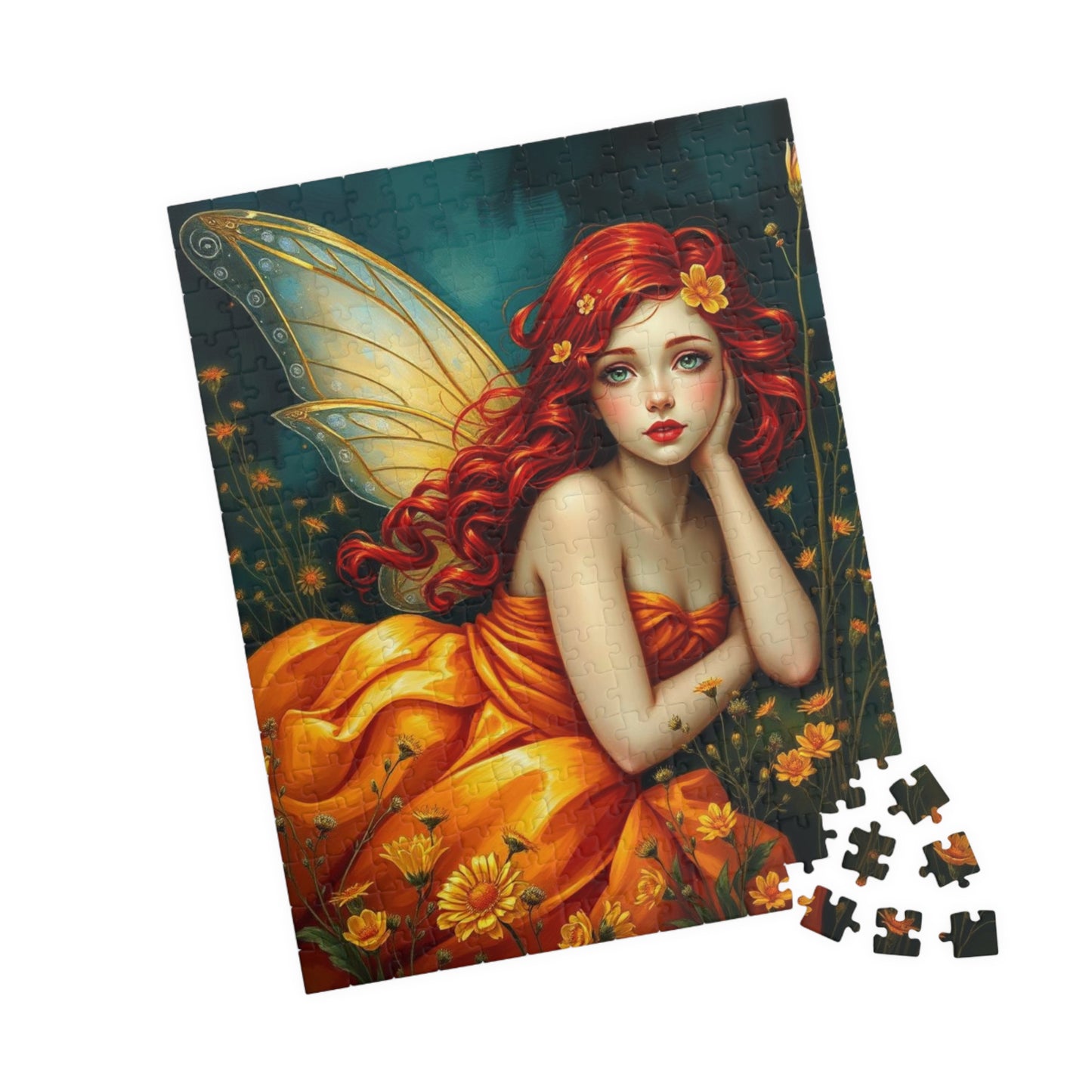 Fairy Dreamscape Jigsaw Puzzle - Red Haired Fairy in Night Wildflower Field 110-1014 Piece Mindful Gift for Family, Friend, Hospital Patient