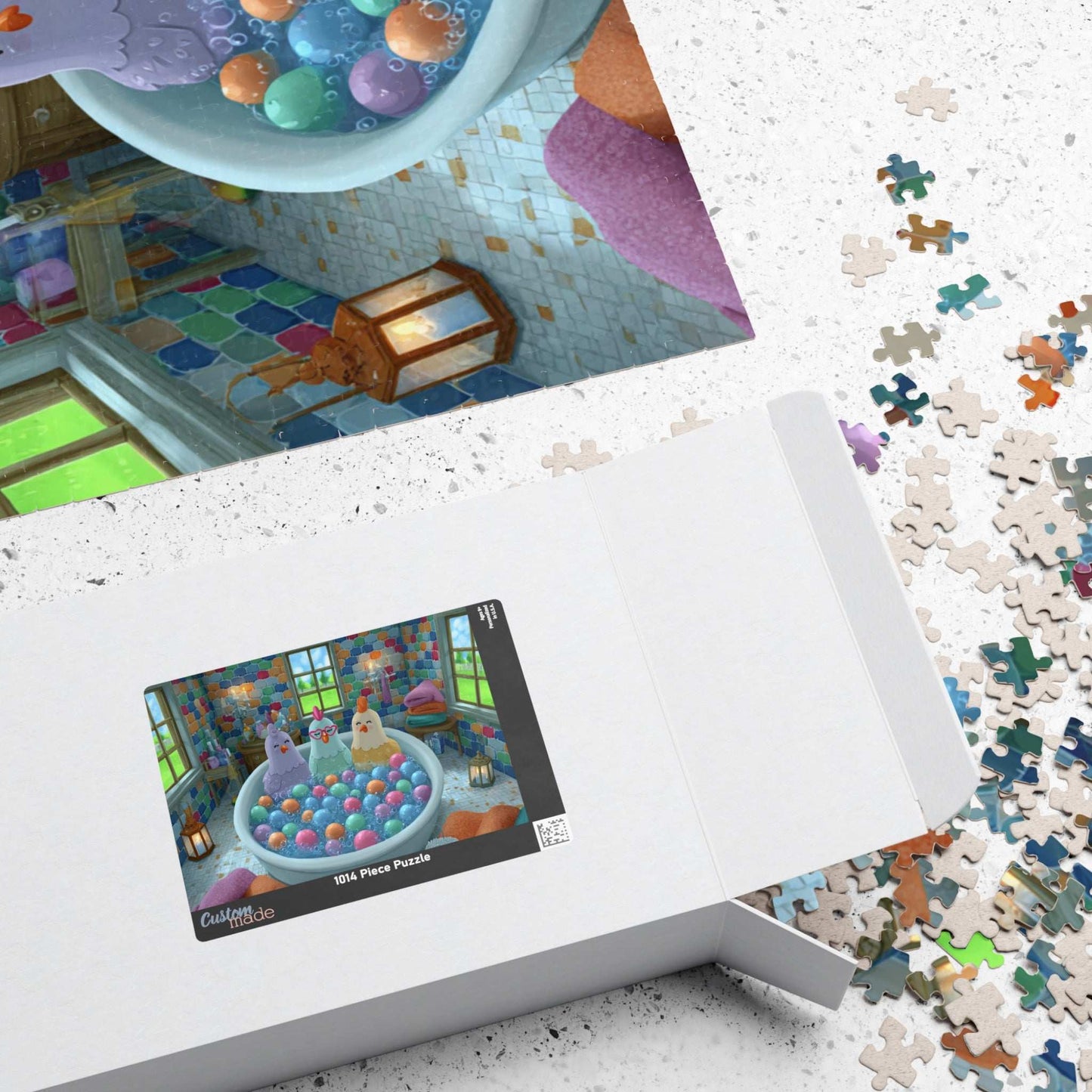 Pastel Chicken Bathhouse Jigsaw Puzzle – Adorable Fairy Tale Chickens Soaking in Rainbow Bubble Tub Puzzle The Puzzle Chest