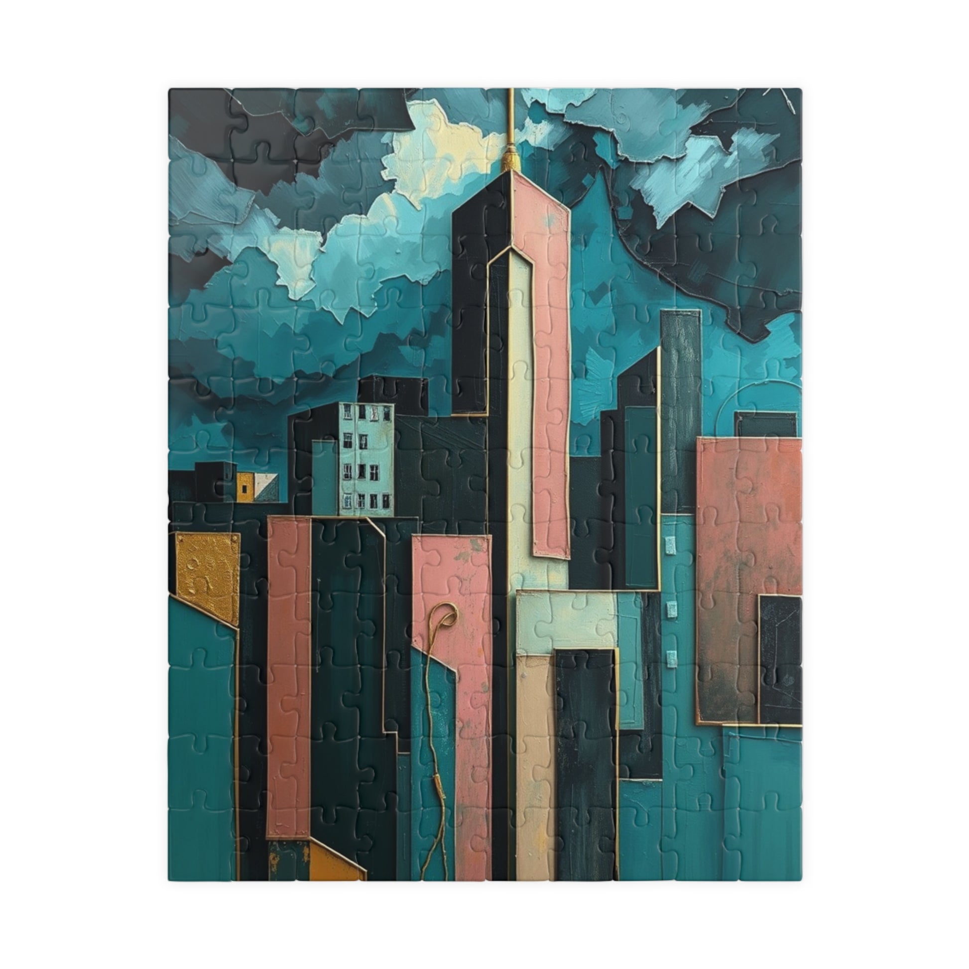 Abstract Cityscape Jigsaw Puzzle - Metallic Pastel Teal Geometric Shapes 110 pcs (Vertical) Puzzle The Puzzle Chest