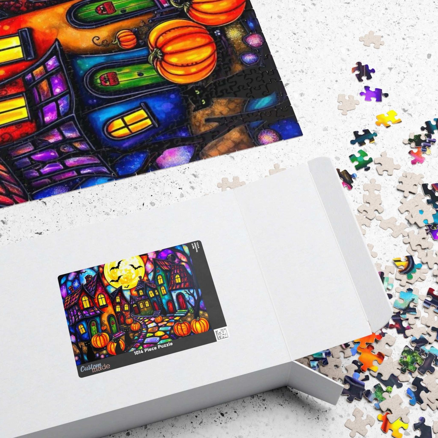 Spooky Night Village Jigsaw Puzzle, Halloween Themed Black Cat Puzzle Stained Glass Style