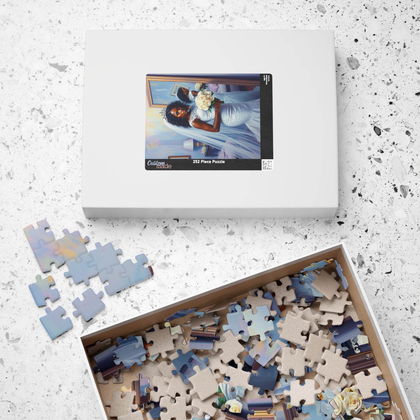 African American Bride Puzzle, White Lace Gown and Tiara, Black Woman Wedding Day Reflection Jigsaw Game Puzzle The Puzzle Chest
