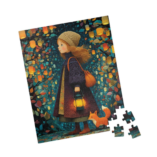 Lantern Path Jigsaw Puzzle – Whimsical Fall Puzzle for Adults, Girl with Fox and Pumpkin Lanterns 110 pcs (Vertical) Puzzle The Puzzle Chest