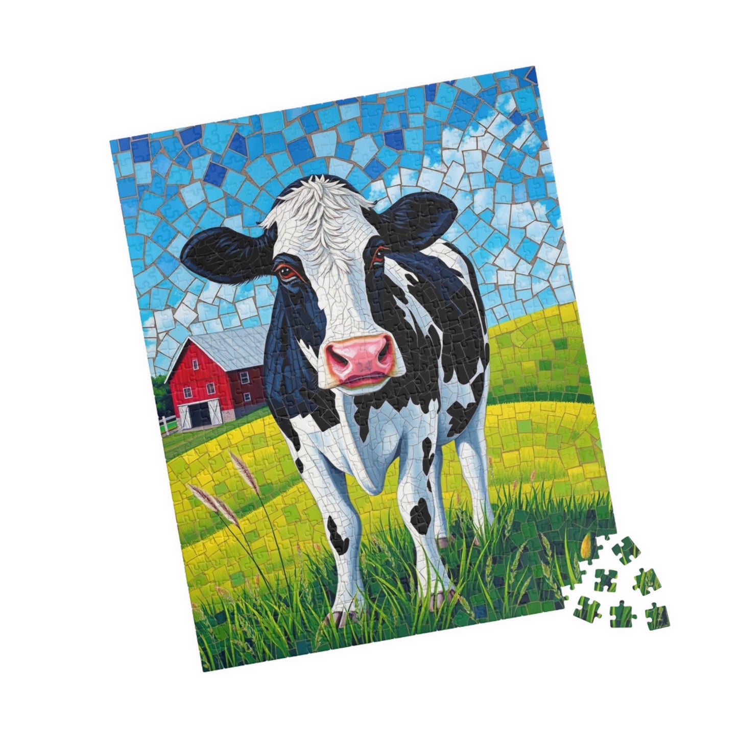 Mosaic Art Cow Jigsaw Puzzle, Peaceful Rural Landscape, Black and White Cow in a Farm Pasture with Red Barn and Blue-Sky Tabletop Game, Gift Puzzle The Puzzle Chest