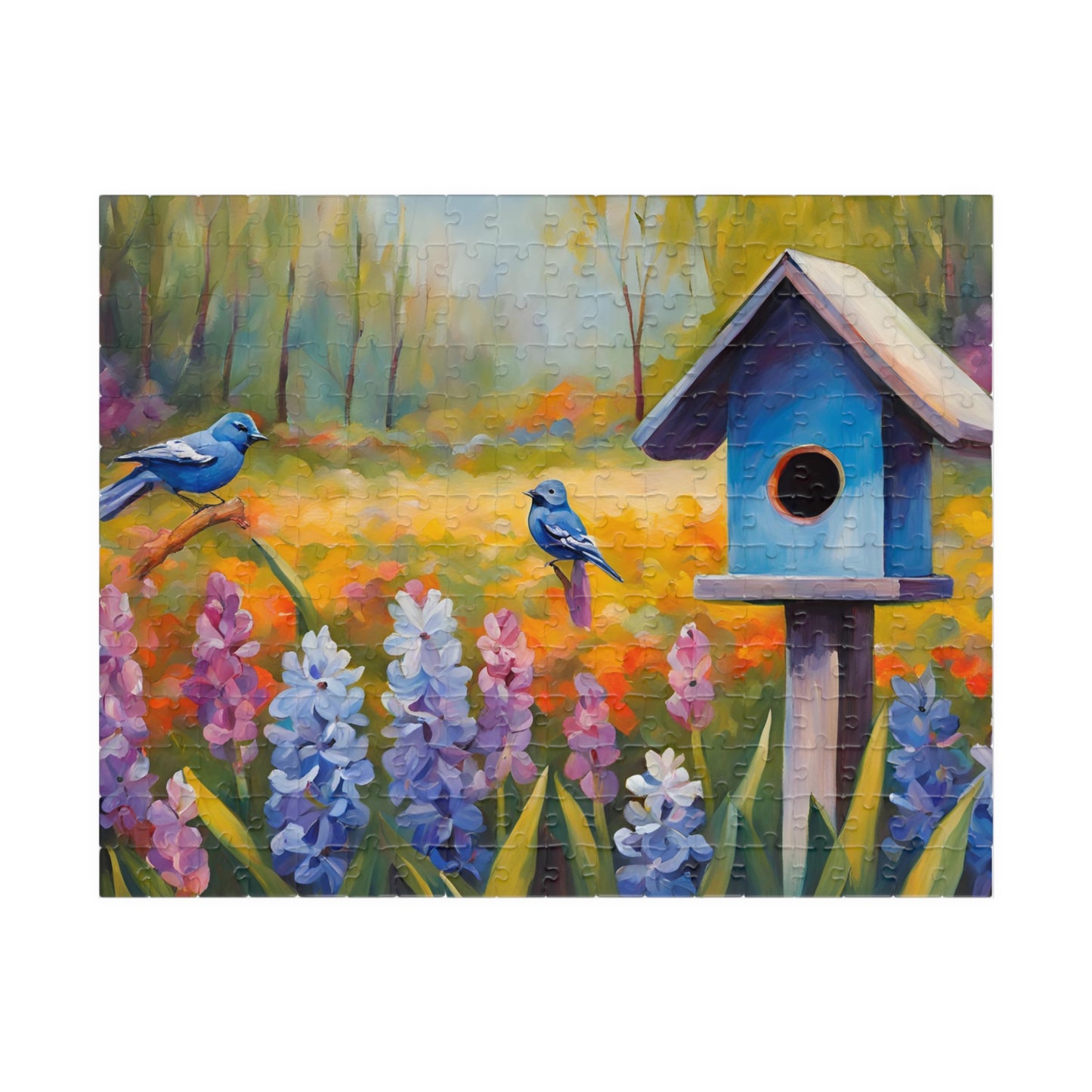 Jigsaw Puzzle, Charming Wooden Birdhouse Surrounded by Blooming Hyacinths and Birds, Mindfulness Activity, Indoor Entertainment, Family 252 pcs (Horizontal) Puzzle The Puzzle Chest