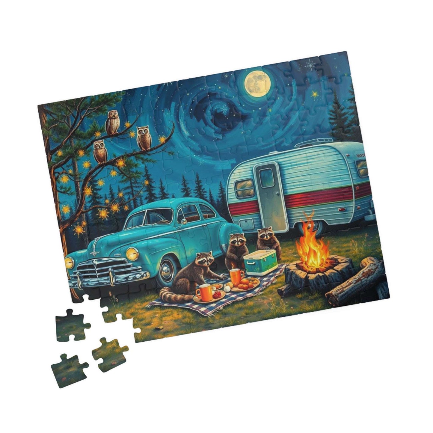Cozy Camping Jigsaw Puzzle with Raccoons and Owls, Solo Fun or Family Game, Nature Vibes, Holiday Birthday Gift for Friends, 110-1014-piece Puzzle The Puzzle Chest