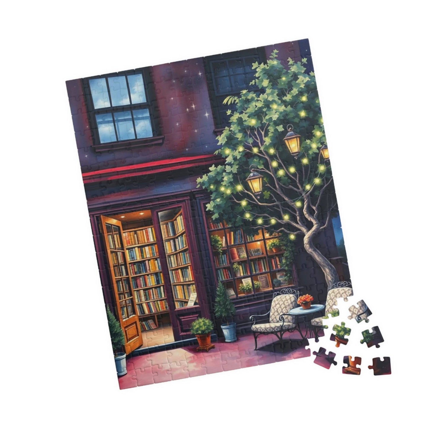 Fairy Light Bookstore Jigsaw Puzzle with Outdoor Reading Nook Perfect for Book Lovers 252 pcs (Vertical) Puzzle The Puzzle Chest