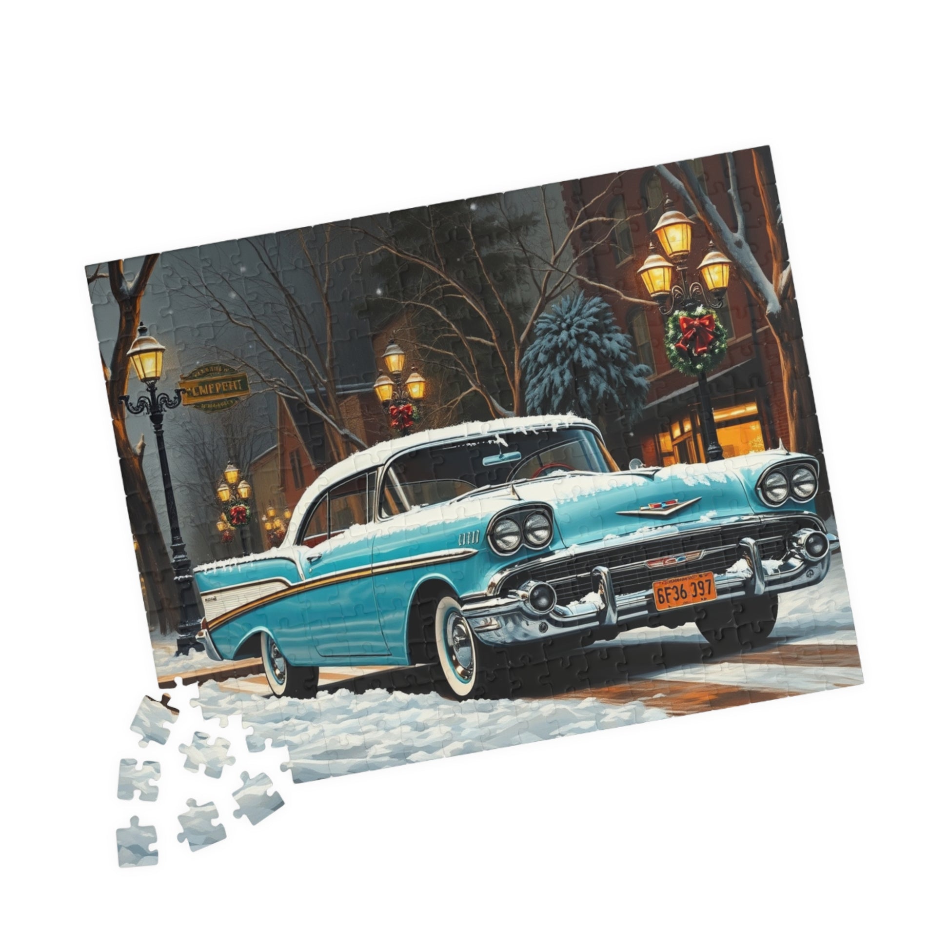 Vintage Car Puzzle - Winter Scene, Retro Classic Vehicle 1957 Bel Air Jigsaw Game Puzzle The Puzzle Chest