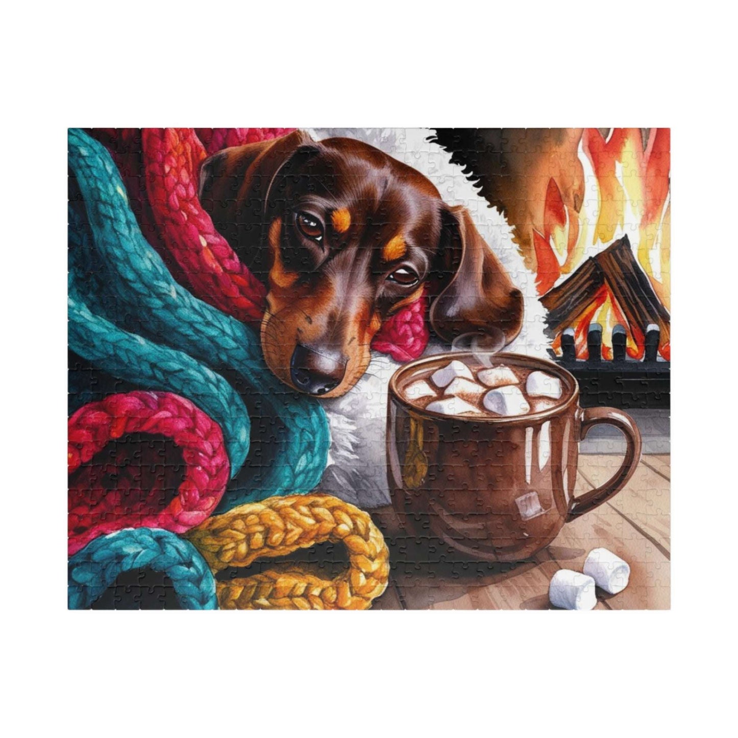 Cozy Winter Dachshund Puzzle - Dog by Fireplace Jigsaw Game, Holiday Family Fun, Mindful Gift for Animal Lovers, Indoor Activity 520 pcs (Horizontal) Puzzle The Puzzle Chest
