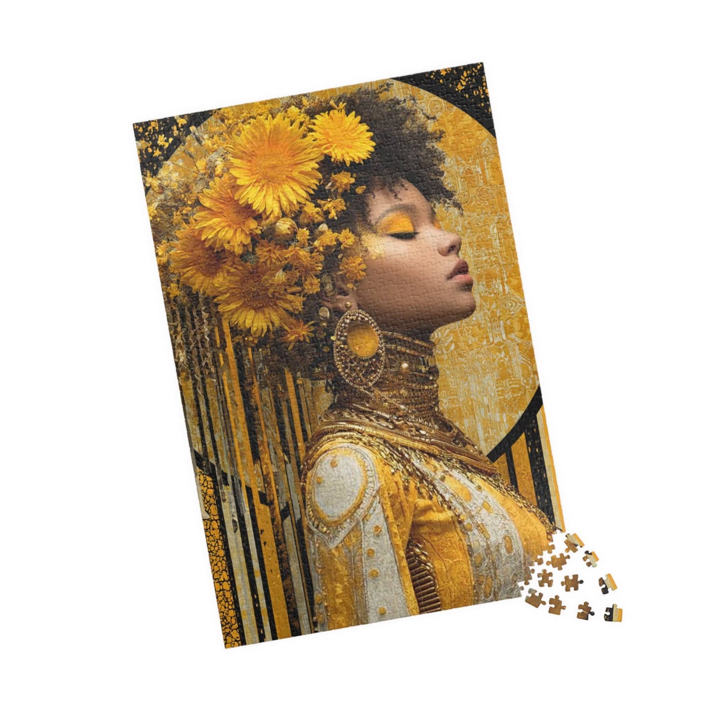 Elegant Afrocentric Jigsaw Puzzle - Melanin African American Queen in Gold Jewelry and Flower Crown 1014 pcs (Vertical) Puzzle The Puzzle Chest