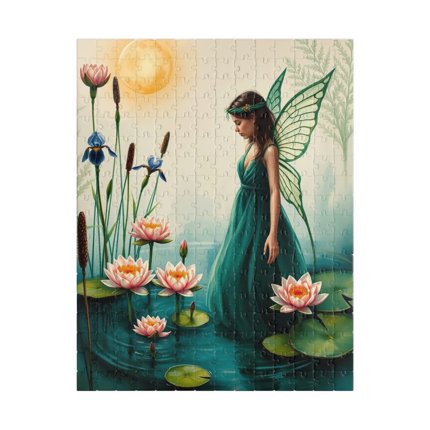 Fairy at the Lily Pond Jigsaw Puzzle - Botanical Fantasy Art in Soft Sage, 110-1014 Piece Mystical Nature Lover Gift, Family Fun Activity