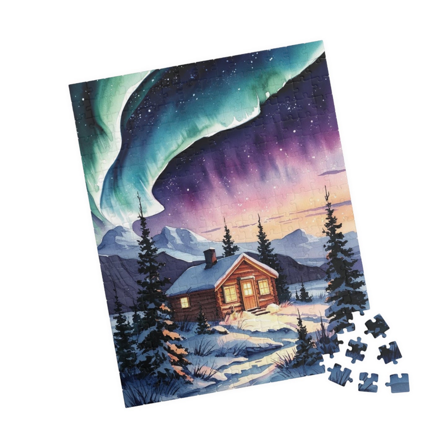 Northern Lights Landscape Puzzle, Aurora Borealis Snowy Cabin Watercolor Jigsaw Game, Hobby, Puzzle Lover Gift, Frameable Art, Relaxation Puzzle The Puzzle Chest
