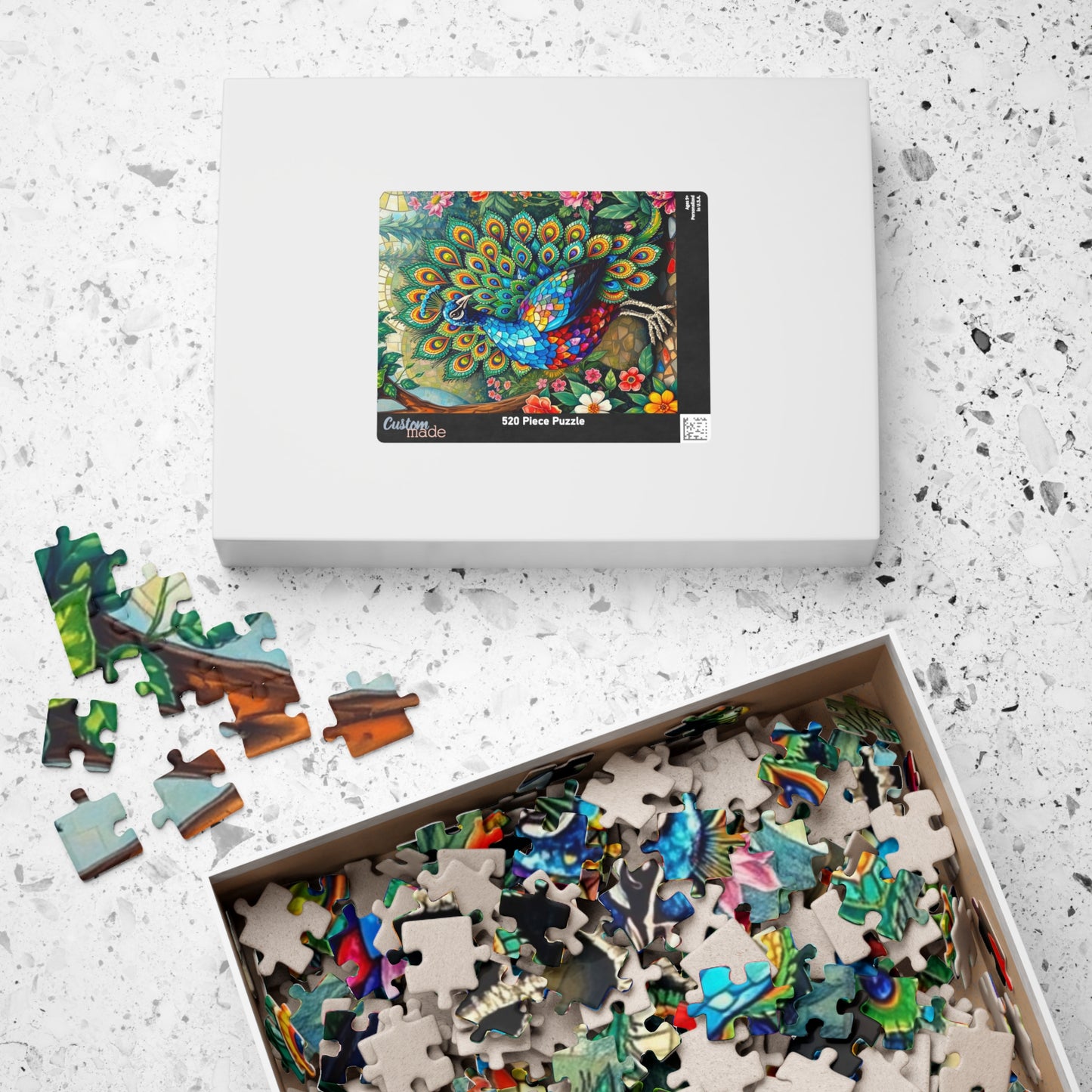 Mosaic Peacock Puzzle, Beautiful Fan-Tailed Bird in a Jewel-Toned Mosaic Art Garden Scene for Adults Teens, Gift for Animal Lover, Mindful Puzzle The Puzzle Chest