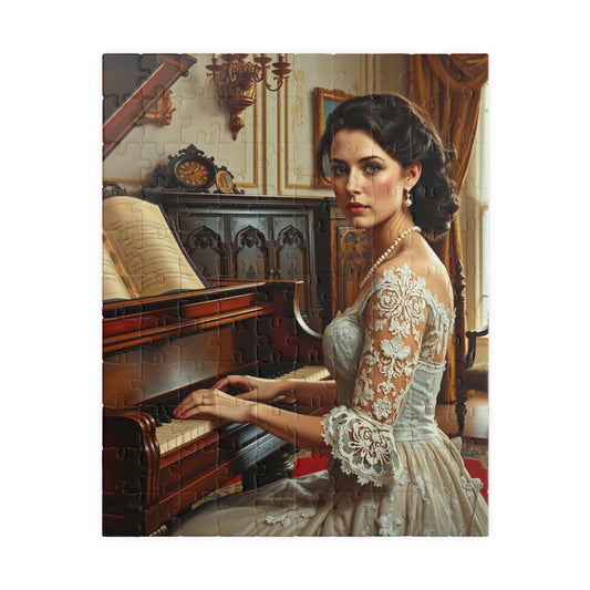 Victorian Woman Art Jigsaw Puzzle (110-1014 Piece), Vintage Drawing Room, Lady Playing Piano in Lace and Pearl Gown, Art Enthusiast Gift 110 pcs (Vertical) Puzzle The Puzzle Chest